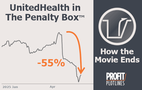 Graphic showing UnitedHealth going through the Penalty Box Profit Plotline by Rajesh Patel, PhD